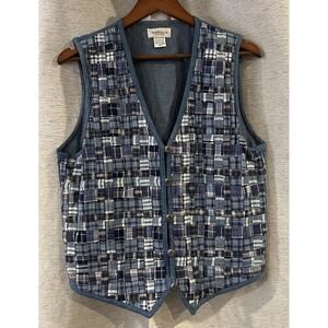 Van Heusen for Her Vest Women‎ M Blue Denim Patchwork Embroidered Y2K Vtg